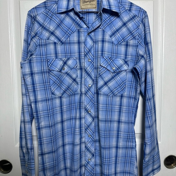 Wrangler Western Shirt Men’s Small Blue Plaid Pearl Snap Long Slv Cowboy Rodeo - Picture 1 of 13
